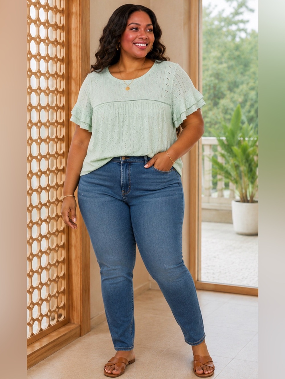 Amazon Mint Green Eyelet Flutter-Sleeve Blouse